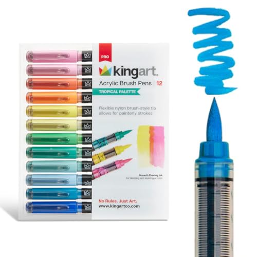 KINGART PRO 12-Piece Acrylic Paint Brush Pen Set – Tropical Colors – Flexible Nylon Brush Tip for Detailed Illustration and Lettering – Water-Based Opaque Art Markers for Multi-Surface Use - color: Tropical