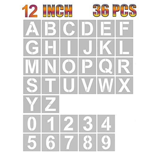 YEAJON 12 Inch Letter Stencils and Numbers, 36 Pcs Alphabet Art Craft Stencils, Reusable Plastic for Wood, Wall, Fabric, Rock, Chalkboard, Signage, DIY School Projects (12 Inch) - size: 12 Inch