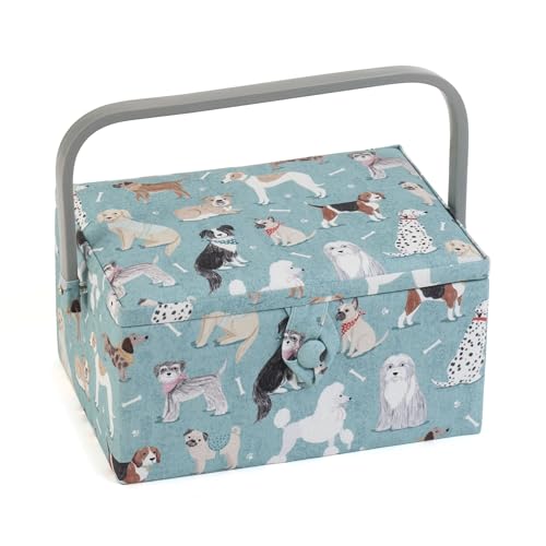 Hobby Gift Medium Sewing Box Organiser, Fabric Covered Storage Box with Handle, Internal Tray, Pin Cushion and Pocket for Sewing, Quilting and Knitting Supplies - color: Dogs