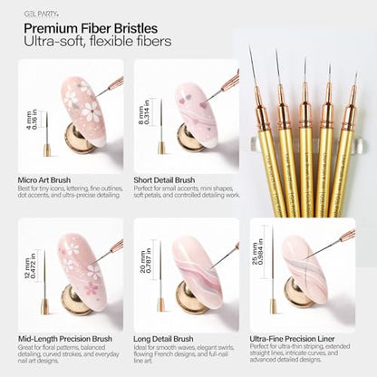 GELPARTY 7Pcs Gold Nail Art Brush Set - Professional Ultra-Fine Liner & Detail Brushes for Gel Polish & Acrylic Nails - Includes Agate Stone Palette & Brush Holder - Manicure Drawing Tool Kit - color: Gold