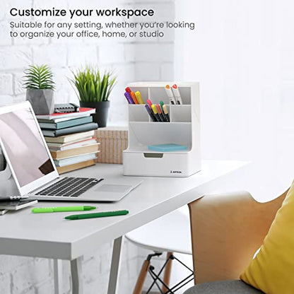 ARTEZA Desktop Pen and Marker Organizer, 6-Compartment White Pen Holder for Desk with Stationery Drawer, Makeup Organizer - style: 6-Compartment White
