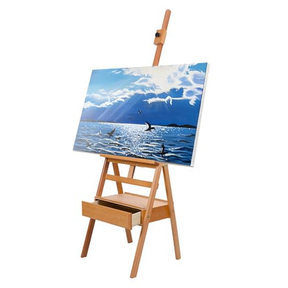 H Frame Easel with Drawer, French Style Artist Easel Solid Beech Wood Adjustable Height 59" to 75" Painting Canvas Holder Stand Tilts Flat Easels for Oil Painting Studio Classroom Adult Kids Wooden C