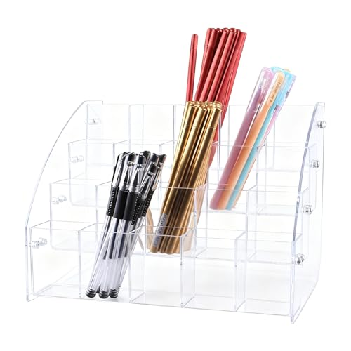 Slanted Acrylic Pencil Holder for Desk, 4 Tier Multi-Compartment Pen Storage Organizer | Clear Desktop Stationary Cup & Brush Display Case with Durable Hardware - size: 4 Layers