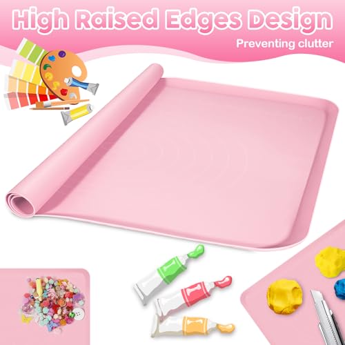 Silicone Art Mat for Crafts, Large 24x19.5 Inch Silicone Painting Mat & Craft Mat with Raised Edges for Artists, Jewelry Making, Playdough, Activities,Pink - color: Pink