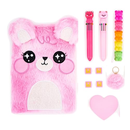 VOTUM Fuzzy Bear Stationery Gift Set for Kids – Plush Notebook, Stackable Highlighters, Click Pens, Sticky Notes & Erasers – Cute Pink Writing Supplies Case - color: Bows & Bears