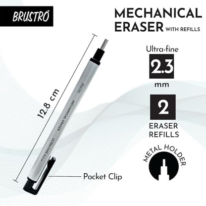 BRUSTRO Fine Art Graphite Pencil - Set of 12 (10B - 2H) with Mechanical Precision Retractable Eraser(2.3mm) | Ideal for Drawing,Sketching,Mandala,Shading,Artwork, Beginners, Artists and Professionals - style: Graphite Pencil + Mechanical Eraser