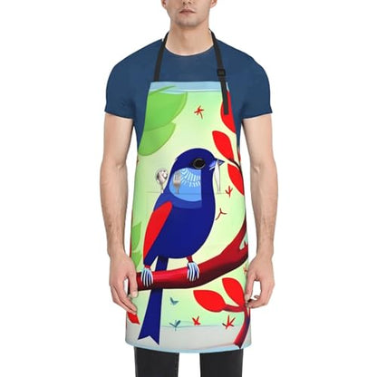 Round watercolor painting Heavy Duty Waterproof Apron with Pockets for AdultsResistant Grilling, Gardening, Painting - color: Red Leaf Bird