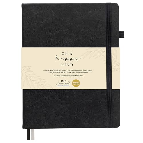 Classic Lined Journal Notebook 8.5x11" A4 Hardcover Leather - Black - 200 Pages College Ruled Large with Sticky Tabs, Pockets, and Pen Loop for Writing and Journaling - Big Hardback Men and Women - color: Black, size: A4 200 Pages