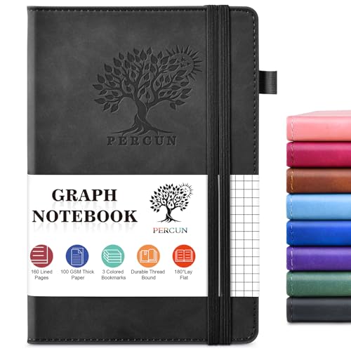 PERCUN A5 Graph Paper Notebook, Leather Journal, 160 Pages Grid Notebook | 5.9"x8.5" hardcover journal with quad ruled paper for work, school, writing, notes, journaling and daily planning. - color: Black, size: Grid Page