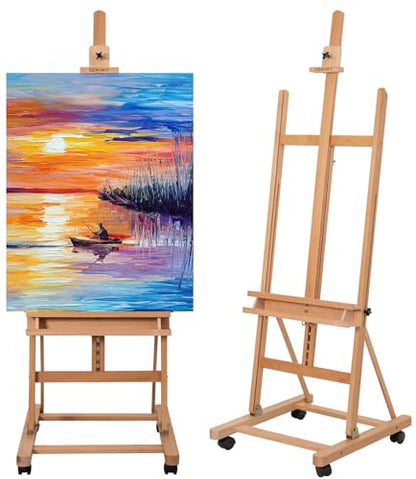 H-Frame Studio Easel, Beechwood Artist Easel with Wheels and Storage Tray, Adjustable Floor Easel Stand Holding Canvas up to 51Inches for Painting, Natural - style: Natural