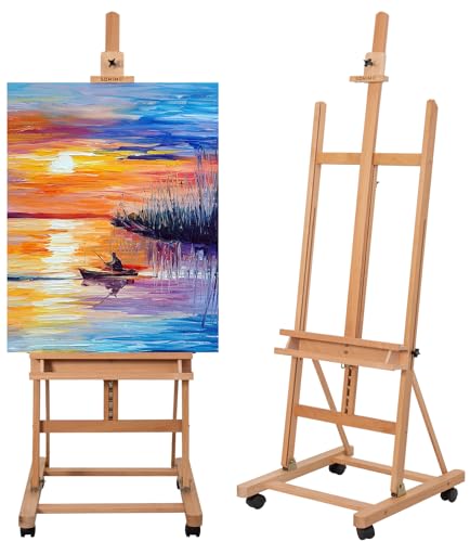 H-Frame Studio Easel, Beechwood Artist Easel with Wheels and Storage Tray, Adjustable Floor Easel Stand Holding Canvas up to 51Inches for Painting, Natural - style: Natural