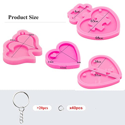 64Pcs Heart Silicone Keychains Molds Set- 4Pcs Different Heart Silicone Molds Epoxy Resin Mold, with Key Rings & Jump Rings for DIY Keychain Pendant, Necklace Jewelry Making Craft