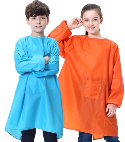 MINIQ 2 Pack Kids Art Smocks for Painting – Waterproof Paint Smock Aprons – Children’s Long Sleeve Artist Smock for Boys & Girls – Art Class & Crafting Painting Apron for Age 5-8. - color: Blue & Orange, size: XXL for Age 5-8