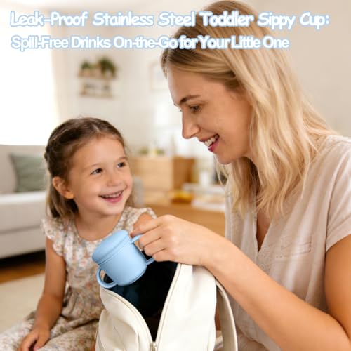 Mity rain 3-In-1 Stainless Steel Sippy Cup for 6+ Month Old, Baby Straw Cups for Toddlers 1-3 with Travel Lid, Silicone Straw, Replacement Straw & Cleaning Brush - 8oz Toddler Cups Spill Proof Set - color: Blue