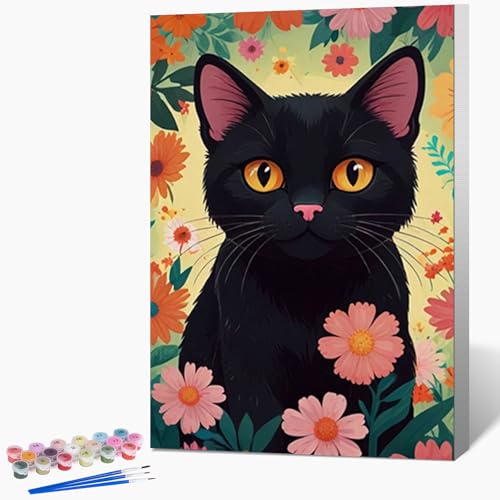 Fountor Cat Framed Paint by Numbers Kit for Adults Beginner & Kids Ages 8-12, Black Cat Paint by Number with Frame, Acrylic Cute Cat Painting by Numbers Kit on Canvas 8x12 inch - color: Cute Cat, size: 8x12 Inch
