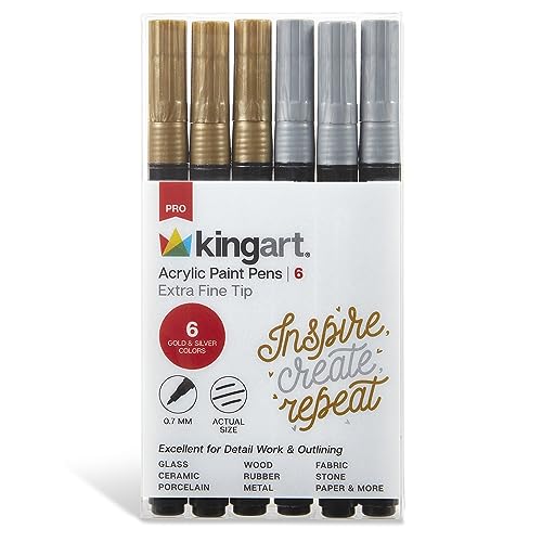 KINGART PRO Extra Fine Pt. Metallic Gold & Silver Paint Pens, 0.7mm Tip, 6 Acrylic Paint Markers, Low-Odor & Quick Drying for Rock, Wood, Metal, Plastic, Glass, Ceramic & More, Set of 6 - color: Gold & Silver