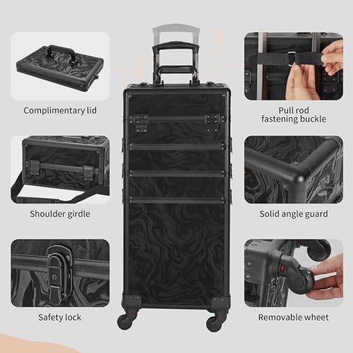 Somduy Rolling Makeup Case, Makeup Train Case with Lid, 5 in 1 Cosmetology Case on Wheels, Christmas Gift, Large Makeup Organizers, Profesional Cosmetic Case for Salon Barber, Pattern Black - color: Pattern Black