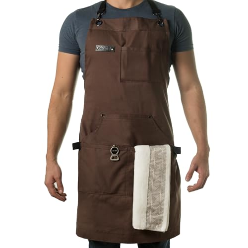 Asaya Chef and BBQ Apron with Bottle Opener and Hand Towel - 10oz Cotton Canvas, Stainless Steel Hardware - Cross Back Straps - color: Brown