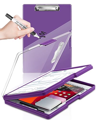 Clearview Clipboard with 2 Storage, Dry Erase 8.5x11 Heavy Duty ClipBoards - High Capacity Coaches Clip Board with Pen Holder - Side Opening Plastic Nursing Clip Case (Dark Purple) - color: Dark Purple