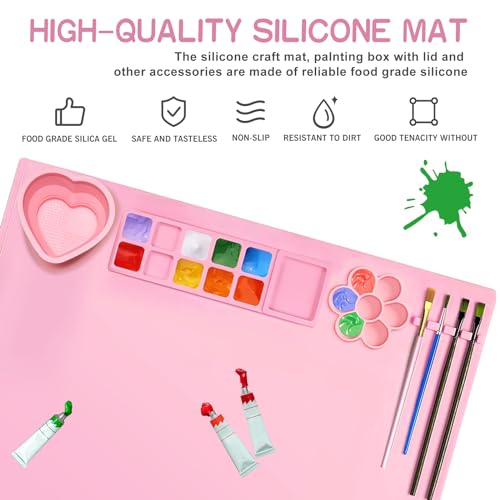 Silicone Painting Mat,20"X16"Large Silicone Art mat, Art Mat with Cup, Easy Clean up, Protects Surfaces Perfectly. for Paint, Color, Play with Clay/Play Dough.(Pink) - color: Pink
