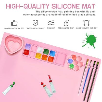 Silicone Painting Mat,20"X16"Large Silicone Art mat, Art Mat with Cup, Easy Clean up, Protects Surfaces Perfectly. for Paint, Color, Play with Clay/Play Dough.(Pink) - color: Pink