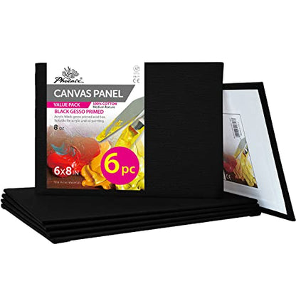 PHOENIX Black Canvas Boards for Painting - 6x8 Inch, 6 Pack - Small Square Canvases Gesso Primed Cotton Acid Free, Blank Flat Canvas Panel for Acrylic, Oil, Tempera, Metallic, Neon Paints & Crafts