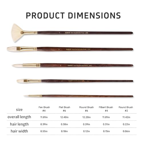 rubens Oil Paint Brush Set, 5 Pcs Natural Hog Bristle Paint Brushes | Professional Long Wooden Handles Artist Series Brushes with Fan, Flat, Round for Oil Acrylic Painting - size: Round 2,6, Filbert 4, Flat 6, Fan 4