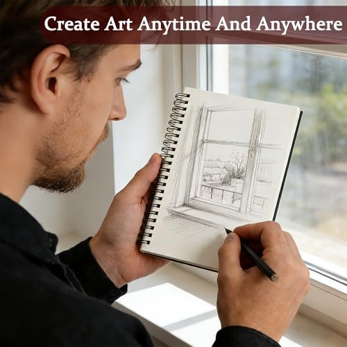 DSTELIN 7.5 x 5.1 Inch Sketch Book, 50 Sheets,100gsm, Spiral Bound Black Hardcover with Black Cover, Ideal for Sketching and Drawing