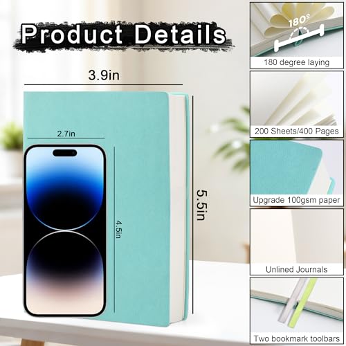Thick Blank Journal Notebook 400 Pages, A6 Unlined Plain Sketchbook, 100gsm Thick Paper Hardcover Soft Leather Cover, No Lines Drawing Pad Memo Diary Writing Art Notepad ，3.9 × 5.5 - color: Light Cyan-400 Page