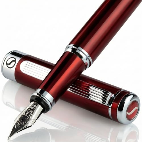 Scriveiner Deep Crimson Red Fountain Pen - Stunning Luxury Pen with Chrome Finish, Schmidt Nib (Medium), Best Pen Gift Set for Men & Women, Professional, Executive, Office, Nice Pens - color: 12. Crimson Red with Chrome, style: Medium Nib
