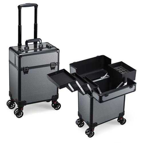 Rolling Makeup Case, Cosmetology Case on Wheels Professional Vanity Case with Trays for Women Large Travel Makeup Box Organizer Trolley with Key, Ashy Grey - color: Urban Black