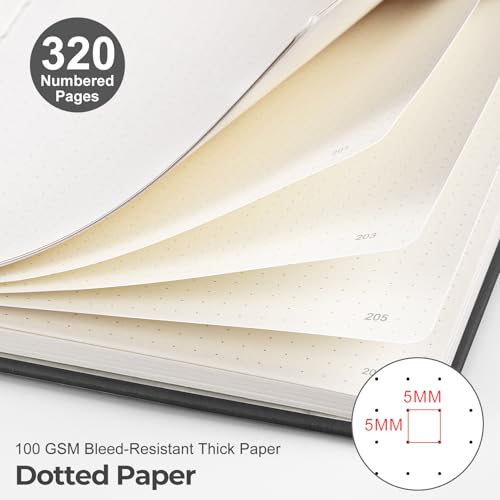 EMSHOI Dotted Journal Notebook, 320 Pages, A5 Small 5.75"x8.38", PU Leather Hardcover, 100 GSM Thick Paper, 5mm Dot Grid Notebook for Journaling, Planning, Drawing, Writing, Black - color: Black, size: A5 Dotted