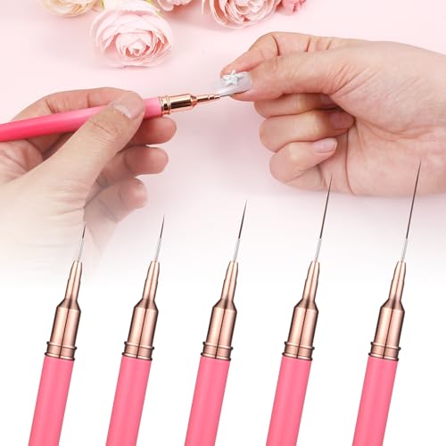 5 Pcs Metallic Nail Art Brushes Set, Nail Liner Brushes Painting Art Design Nails Arts Brush for Gel Polish for Long Lines, Thin Details, Fine Drawing Sizes 5 8 13 20 25 mm