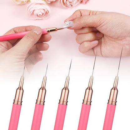 5 Pcs Metallic Nail Art Brushes Set, Nail Liner Brushes Painting Art Design Nails Arts Brush for Gel Polish for Long Lines, Thin Details, Fine Drawing Sizes 5 8 13 20 25 mm