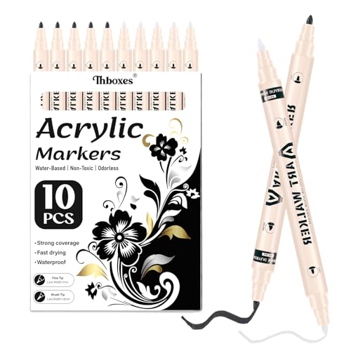 Thboxes 10 Pack Black & White Acrylic Paint Markers, Dual-Tip Acrylic Paint Pen Fine Tip and Brush Tip Markers for Fabric Wood Metal Rock Glass Plastic Canvas School Supplies Art Supplies - color: White,Black
