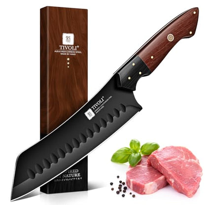 TIVOLI Santoku Knife 7 Inch - Japanese Chef Knife for Fish - Bunka Knives for Meat - Kiritsuke for Vegetables - Black Slicing Knives with Full Tang Handle - Cooking Gifts for Men and Women - size: 7.1"