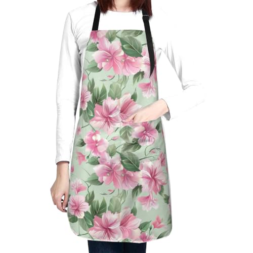 Cream Pastel Wildflower Art Waterproof Apron with Pockets | Garden Aprons for Men Women Adjustable Bib Apron for Cooking Kitchen Baking BBQ Painting Housework Oil Resistant - color: Pink Hibiscus Floral Art
