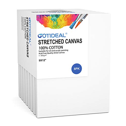 GOTIDEAL Stretched Canvas, 9x12 Inch Set of 8, Primed White - 100% Cotton Artist Canvas Boards for Painting, Acrylic Pouring, Oil Paint Dry & Wet Art Media - color: White, size: 9"x12"