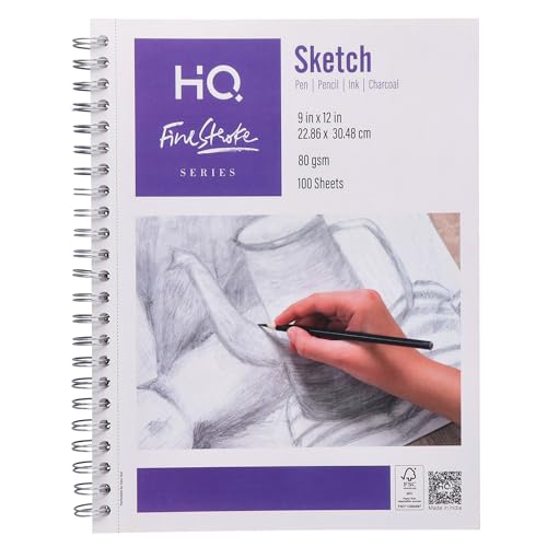 HQ Finestroke Sketchbook, Side Wiro Drawing Pad, 9 x 12 Inches, 100 Sheets, 80 GSM Paper, JK Tuffcote Cover