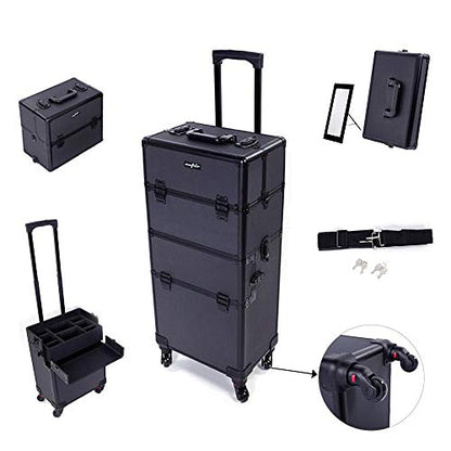 mefeir 2 in 1 Rolling Makeup Train Case Professional Cosmetic trolley on Wheels Aluminum Nail Cart Cosmetic Suitcase for professional makeup artist, Luggage Lockable w/4 Removable Wheels (Black) - color: 2IN1 Black