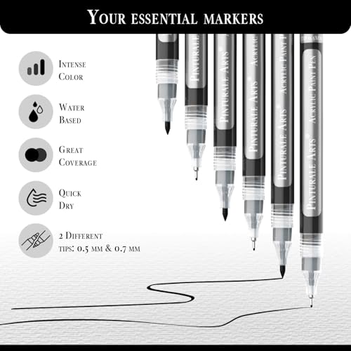 Pinturale Arts® Extra Fine Tip Black Paint Pen | Set 6 Ultra Fine Tip Acrylic Paint Pens (0.7mm & 0.5mm) | For Ceramics, Rock Painting, Glass, Wood, Canvas, Metal - color: Black