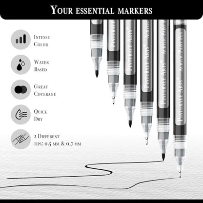 Pinturale Arts® Extra Fine Tip Black Paint Pen | Set 6 Ultra Fine Tip Acrylic Paint Pens (0.7mm & 0.5mm) | For Ceramics, Rock Painting, Glass, Wood, Canvas, Metal - color: Black