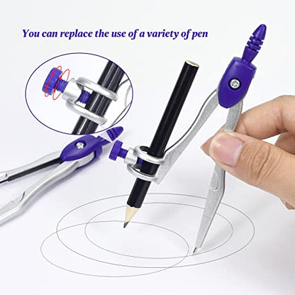 Vobou Math Geometry Kit Sets 10 Piece Student Supplies with Shatterproof Storage Box,Includes Rulers,Protractor,Compass,Eraser,Pencil Sharpener,Lead Refills,Pencil,for Drafting（Purple） - color: Purple
