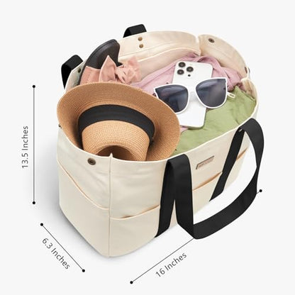 TOPDesign Large Canvas Tote Bag for Women, Shoulder Bag with Laptop Sleeve & Pockets, Everything Tote for Travel, Work (Black/Beige) - color: Black/Beige