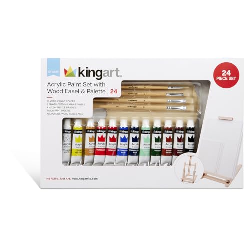 KINGART 21-Piece Artist Acrylic Painting Set with H-Frame Wooden Easel, 12 Vivid Acrylic Paint Colors, 6 Canvas Panels, 4 Brushes, Wood Palette - School, Students, Adults, Gift Giving