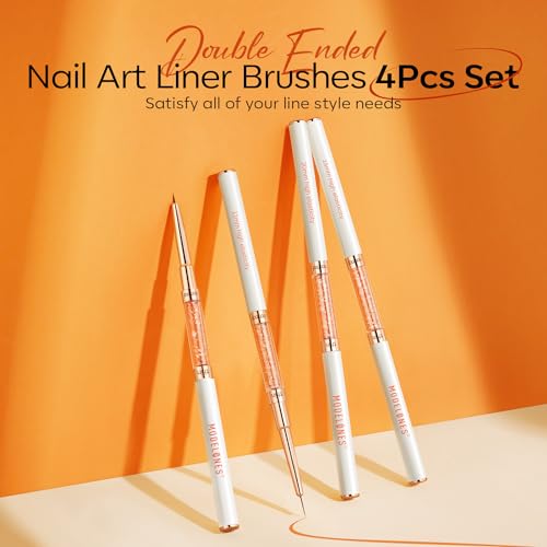 modelones Nail Art Brushes, Super Fine Liner Nail Brush Kit Dual-ended 7/11/15/20mm for Gel Polish Thin Lines, Precise Details, Fine Drawing Painting Design Acrylic Rhinestone Handle Salon & DIY Use - color: orange