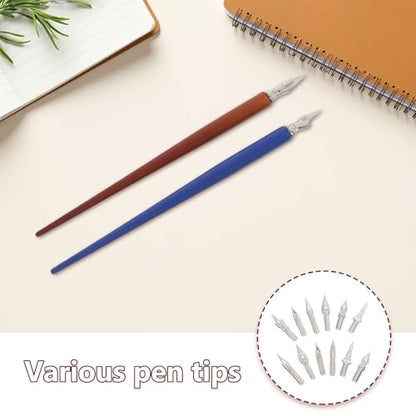 Homoyoyo 2 Sets Calligraphy Dip Pen Set with Wooden Nib Holder and Replaceable Stainless Steel Oblique Nibs, Balanced Grip for Extended Use, for Illustration and Comic Drawing