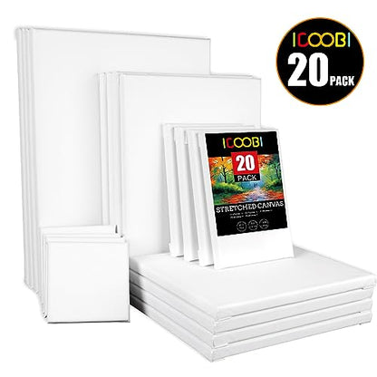 20 Pack Stretched Canvases for Painting with 4packs of 4x4, 5x7,8x10,9x12, 11x14 100% Cotton Blank Painting Canvas for Oil, Acrylic Paint & Other Painting Media - size: Mix 20Pack