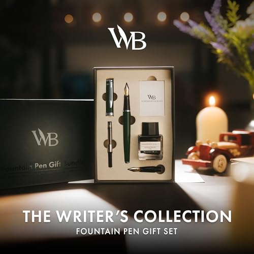 Wordsworth & Black Fountain Pen Set,18K Gilded Medium and Extra Fine Nib,25ML Black Ink Bottle,6 Ink Cartridges,Refill Converter,Gift Box,Smooth Writing Pens [Green Chrome],Gift Set for Men and Women - color: Green Chrome