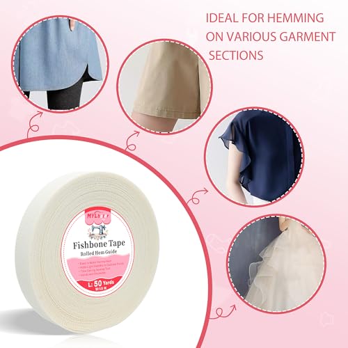 50 Yards Fishbone Rolled Hem Tape Ban Roll Tape for Sewing Narrow Hem Chiffon Fabric Rolled Hem Guide Edge Sewing Tool Fishbone Boning Lining Hemming Tape Sewing Accessories and Supplies - color: beige 50 yards